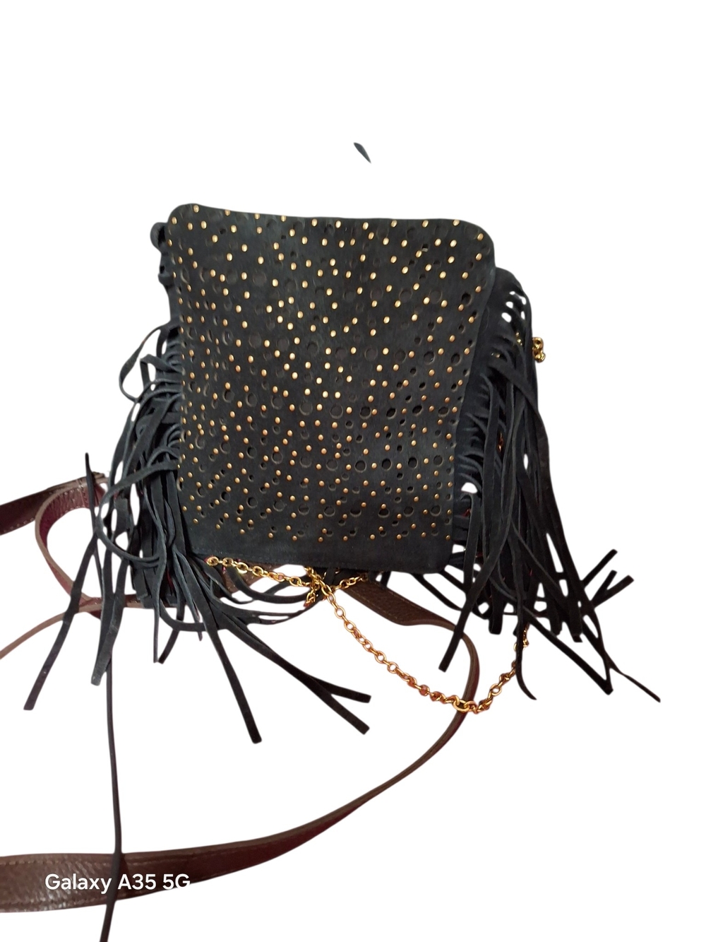 Black Suede Leather Fringe Crossbody Bag with Gold Studs